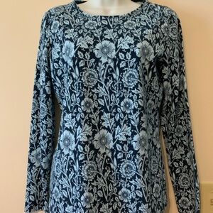Talbots Navy Floral Long Sleeve Tee with Light Blue Bloom Print